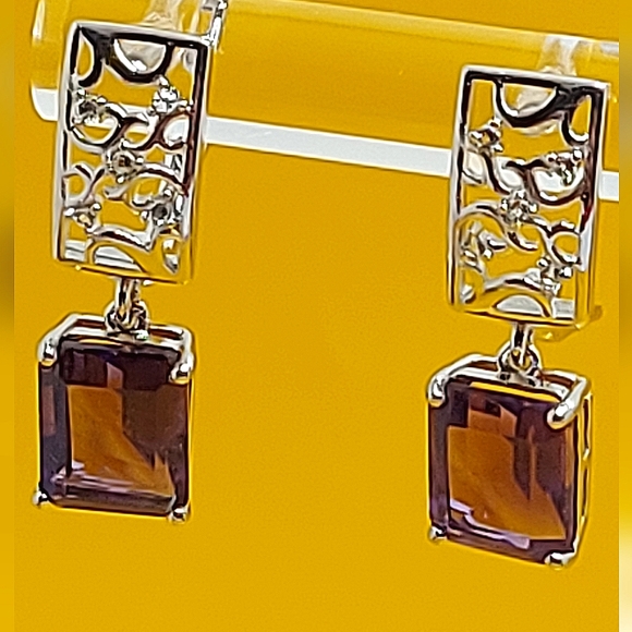 Natural Purple‎ Amethyst 10x8mm & White Topaz 925 Sterling Silver Earrings - Picture 5 of 8